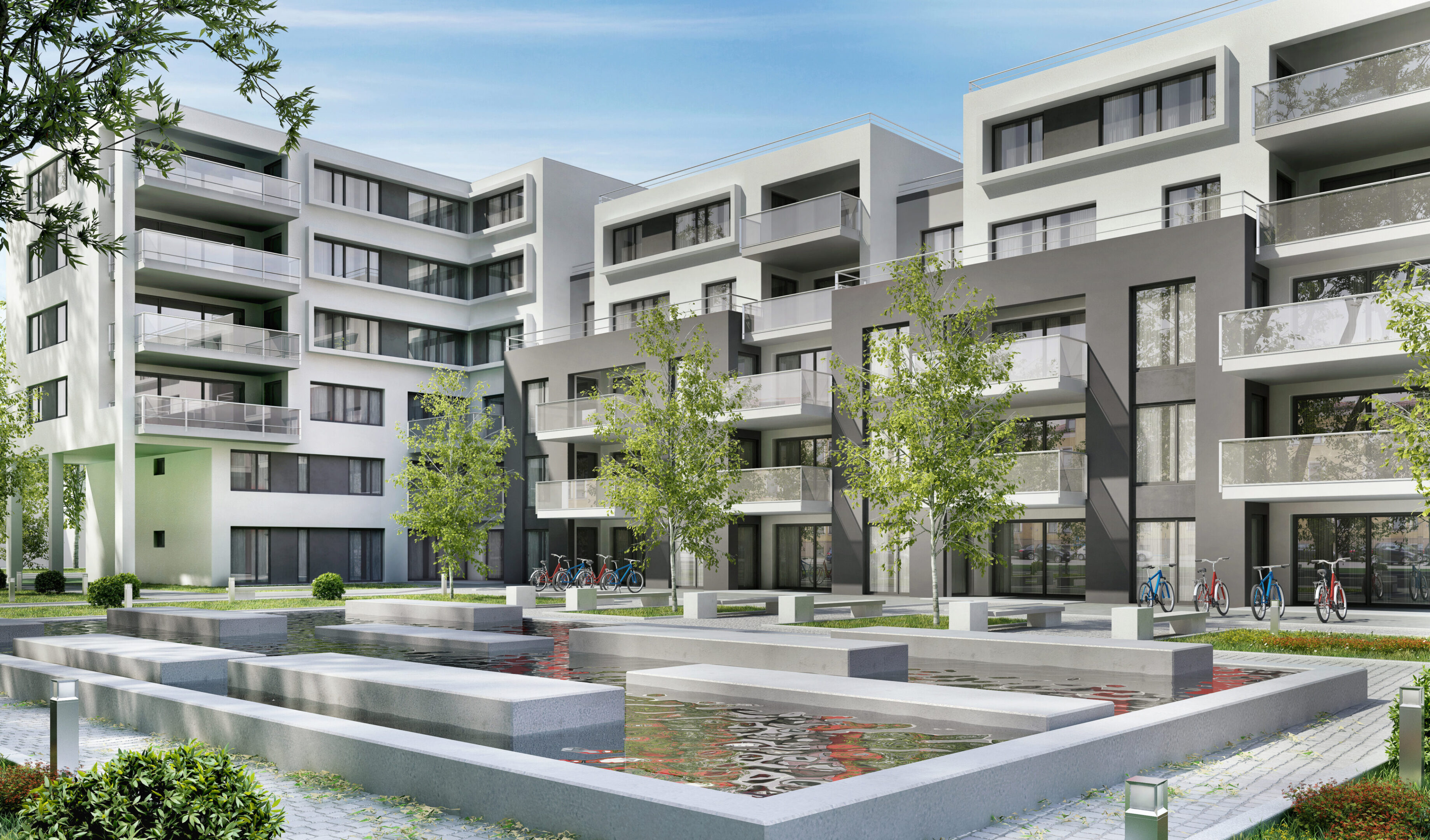 A rendering of the exterior of an apartment complex.